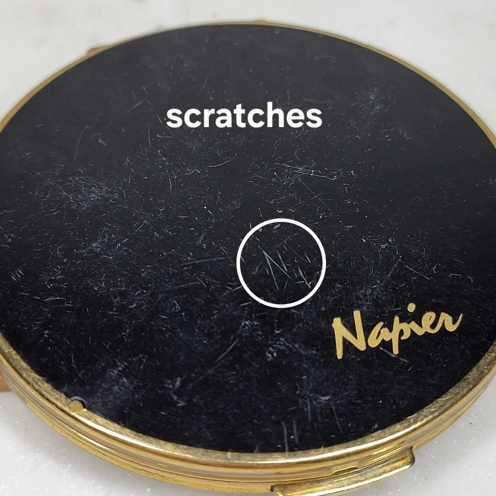Vintage Napier Stratton Compact Mirror Black Gold Double Sided Hinged England